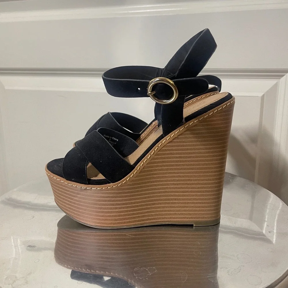 ASOS DESIGN Black Faux Suede Platform Wedge Sandals Ankle Strap Gold Buckle
